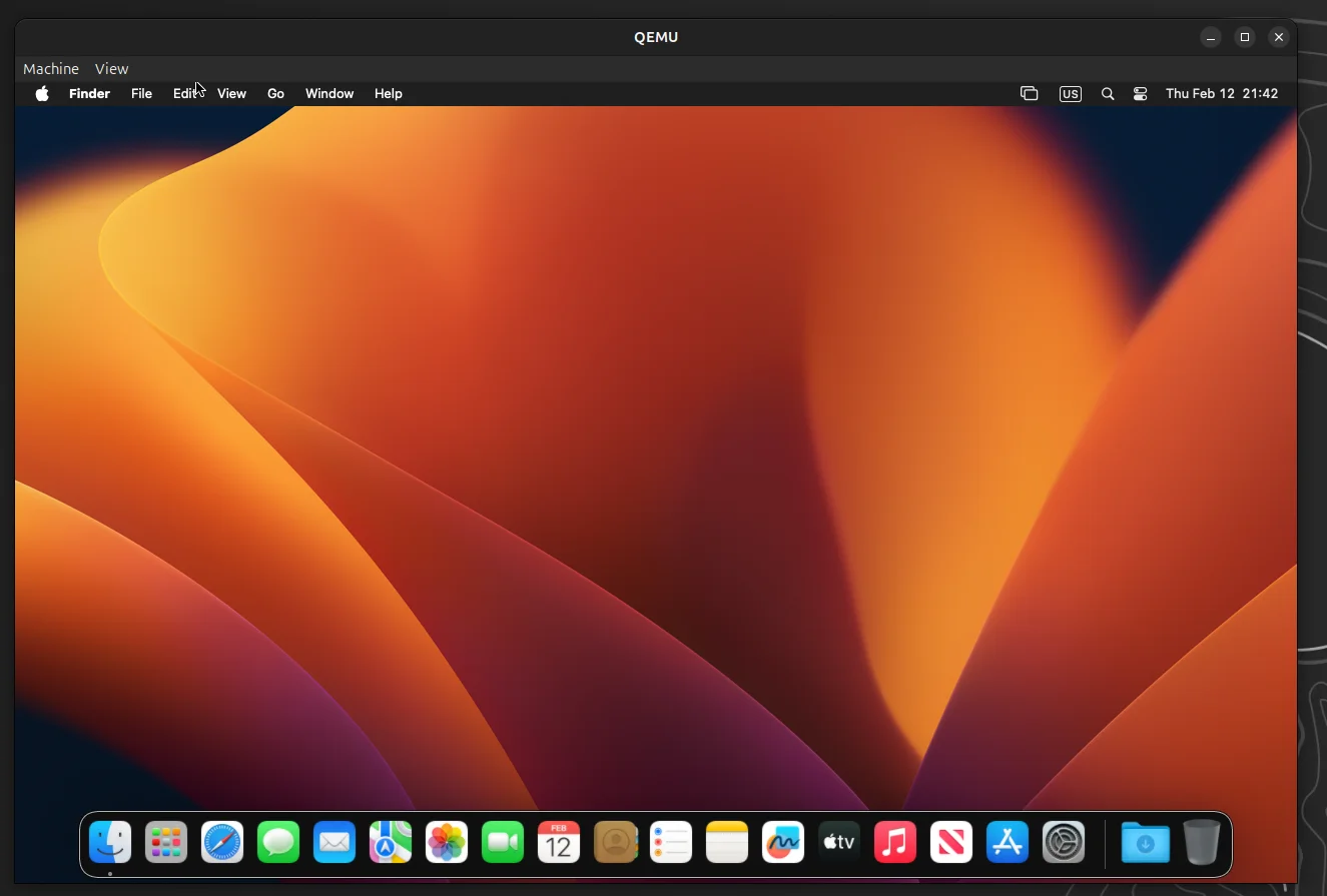 macOS Sonoma desktop running in QEMU
