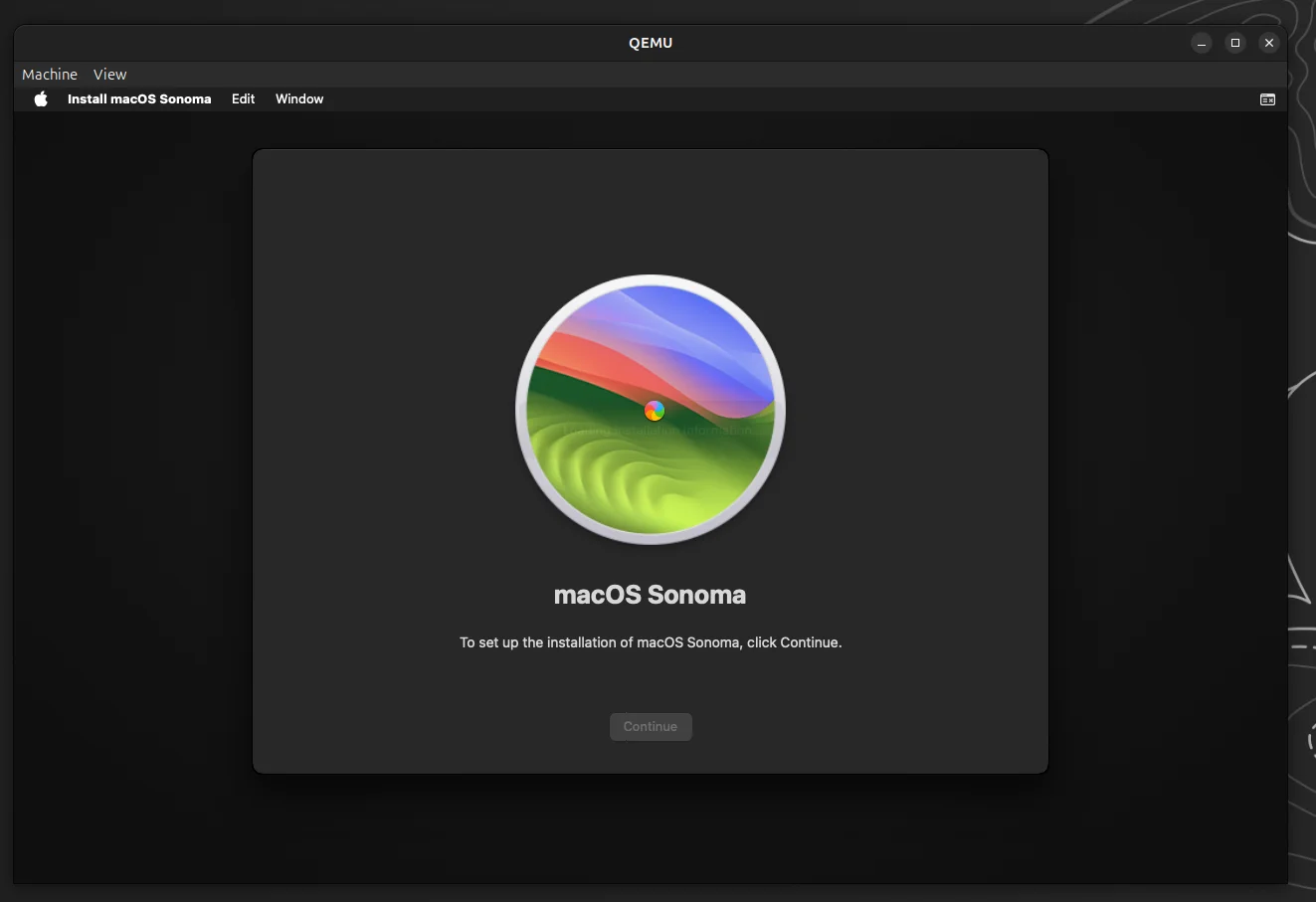 macOS Sonoma installer running inside QEMU on Linux